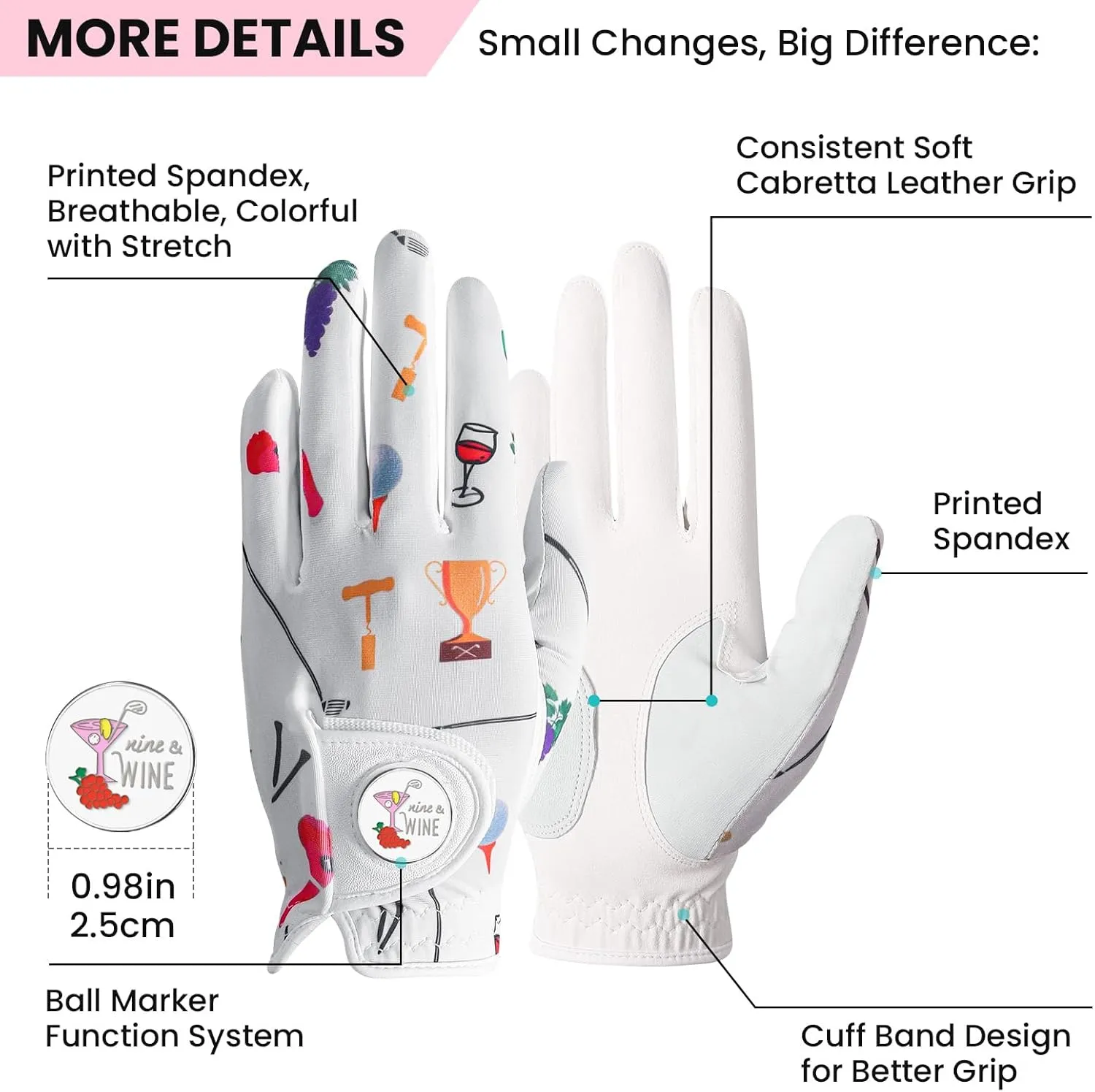 Golf Gloves Women with Ball Marker 2 Pack, Right Handed Golfer Left Hand, Ladies Breathable Soft All Weather Grip Glove Fit Size Small Medium Large X-Large