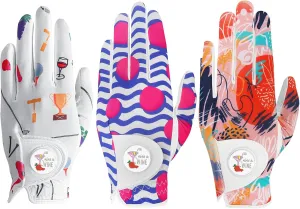 Golf Gloves Women with Ball Marker 2 Pack, Right Handed Golfer Left Hand, Ladies Breathable Soft All Weather Grip Glove Fit Size Small Medium Large X-Large