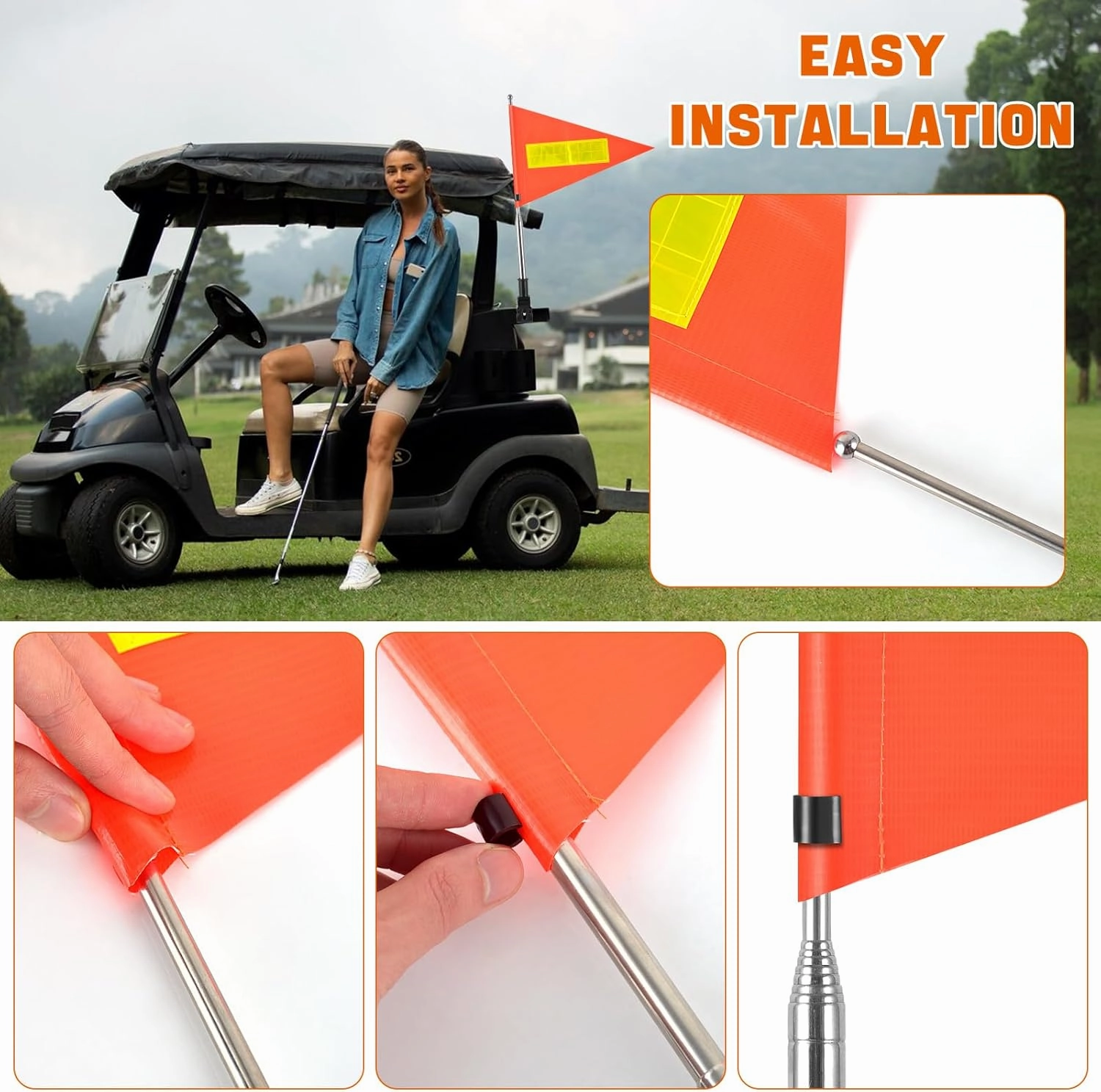 Golf Cart Flag 22x30cm Orange Safety Flag with Reflective Strips and PVC Flagpole