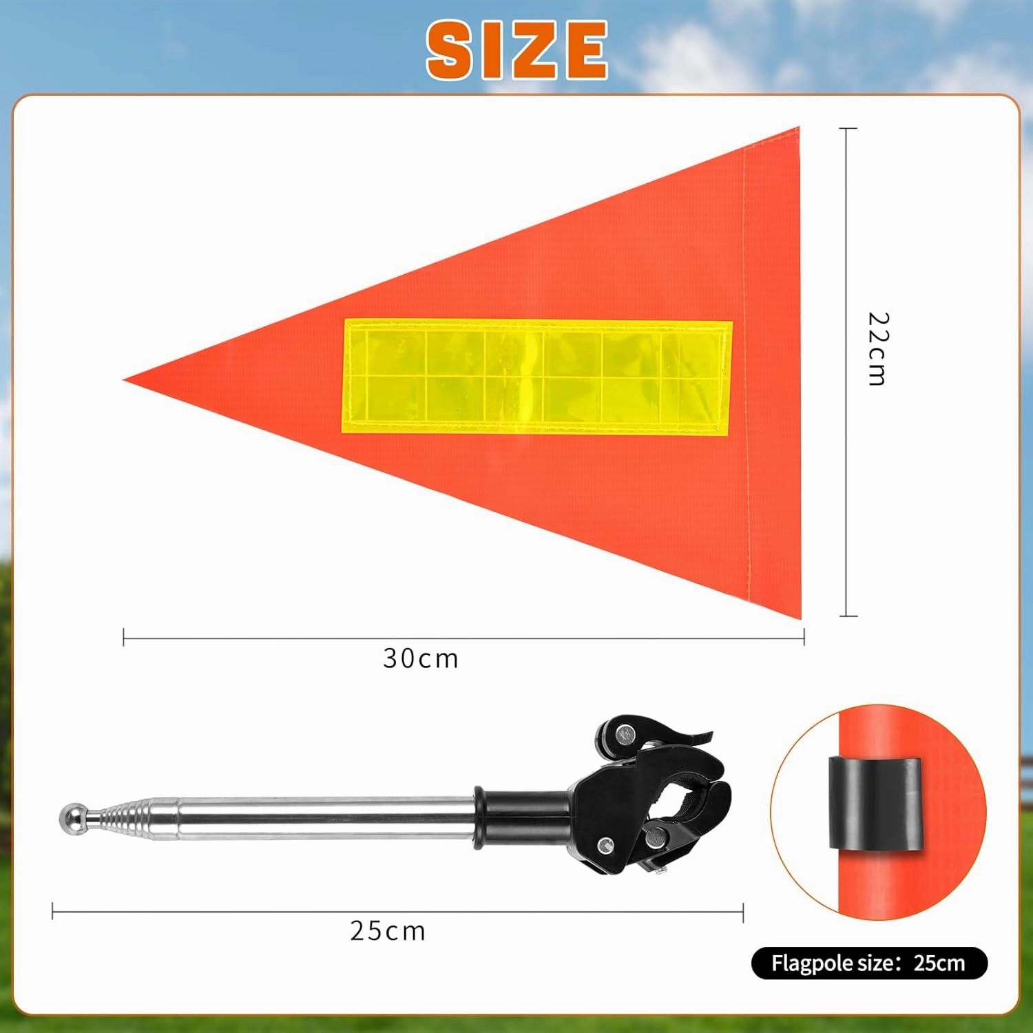 Golf Cart Flag 22x30cm Orange Safety Flag with Reflective Strips and PVC Flagpole