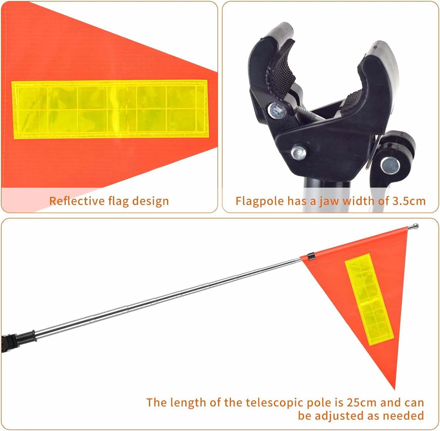 Golf Cart Flag 22x30cm Orange Safety Flag with Reflective Strips and PVC Flagpole