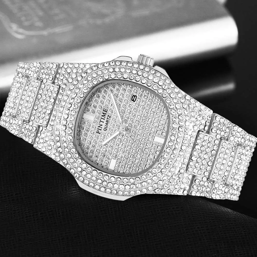Gosasa Men's/Womens Unisex Crystal Watch Full Bling Iced-Out Cuban Watch Oblong Silver/Gold Wristwatch Hip-Hop Stainless Steel Bracelet Watch