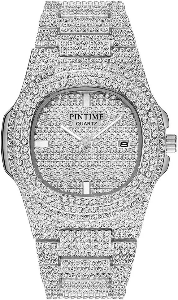 Gosasa Men's/Womens Unisex Crystal Watch Full Bling Iced-Out Cuban Watch Oblong Silver/Gold Wristwatch Hip-Hop Stainless Steel Bracelet Watch