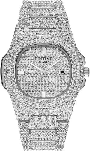Gosasa Men's/Womens Unisex Crystal Watch Full Bling Iced-Out Cuban Watch Oblong Silver/Gold Wristwatch Hip-Hop Stainless Steel Bracelet Watch