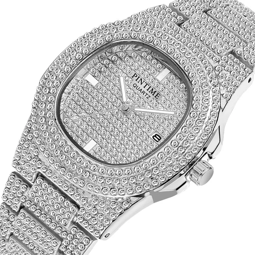 Gosasa Men's/Womens Unisex Crystal Watch Full Bling Iced-Out Cuban Watch Oblong Silver/Gold Wristwatch Hip-Hop Stainless Steel Bracelet Watch