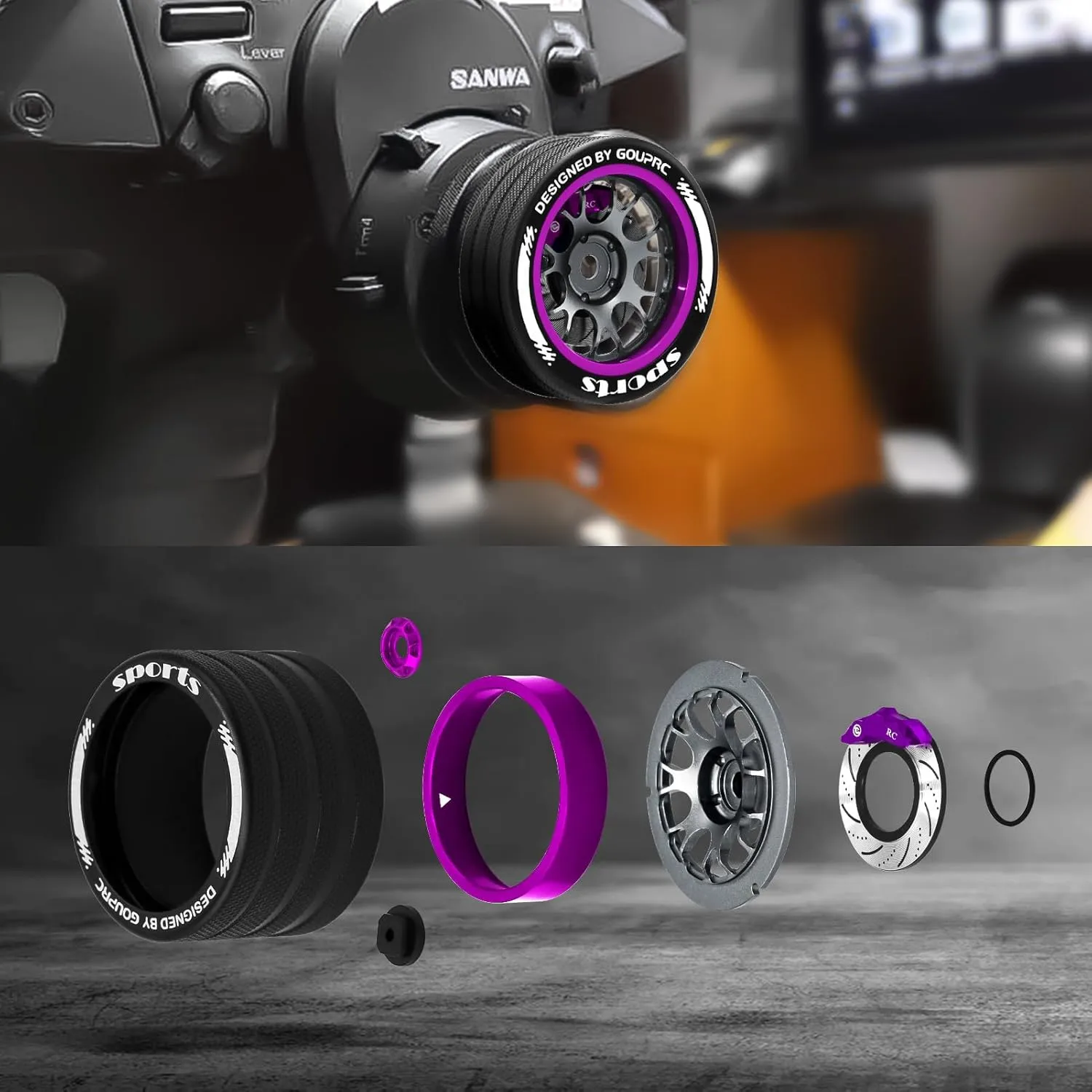 GOUPRC RC Hand Wheel Metal Remote Control Steering Wheel with Brake Disc Brake Caliper for SANWA MT4/MT5/M12/M17 FLYSKY NB4 Series Upgrade RC Remote Control (Purple）