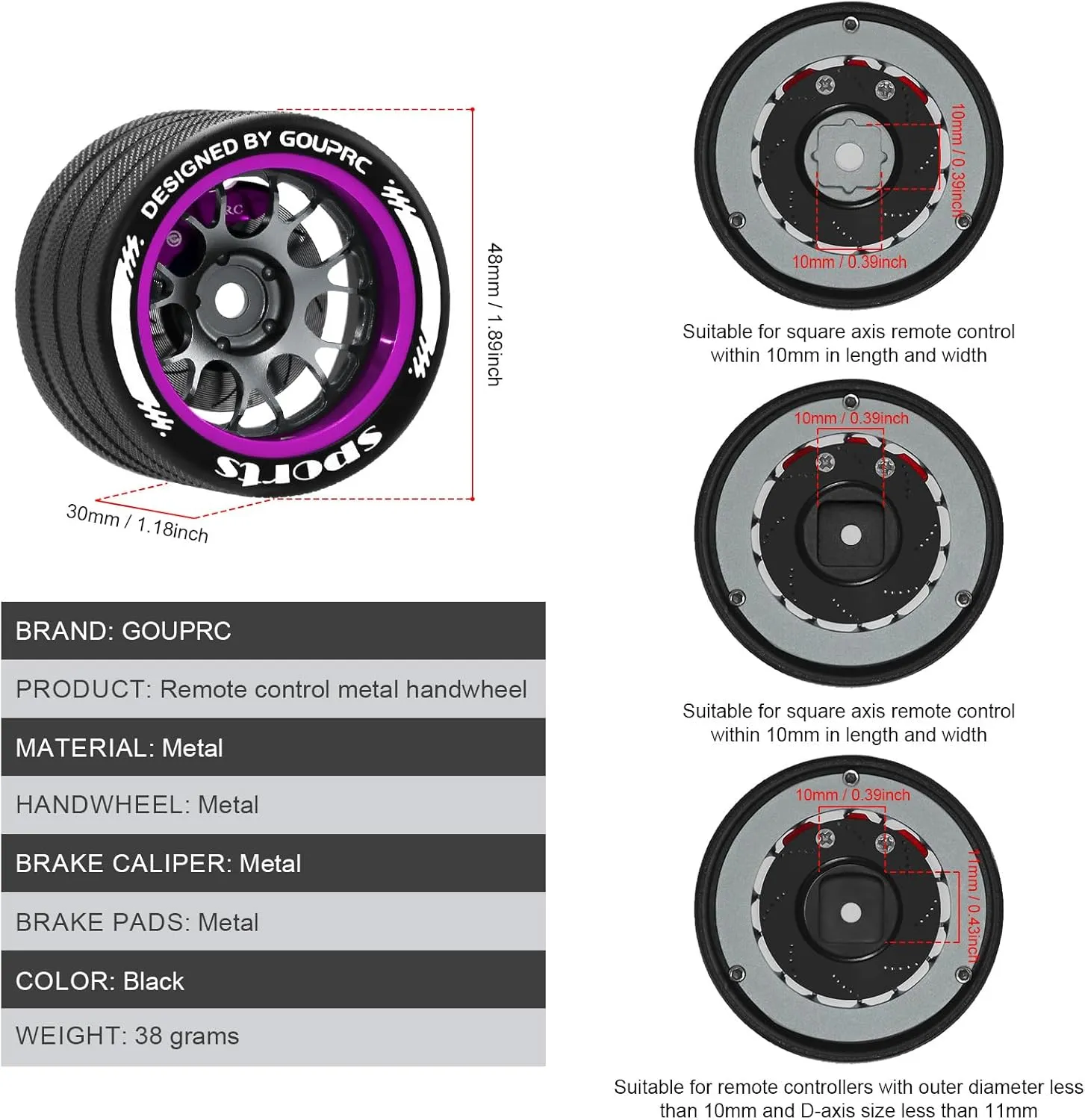 GOUPRC RC Hand Wheel Metal Remote Control Steering Wheel with Brake Disc Brake Caliper for SANWA MT4/MT5/M12/M17 FLYSKY NB4 Series Upgrade RC Remote Control (Purple）