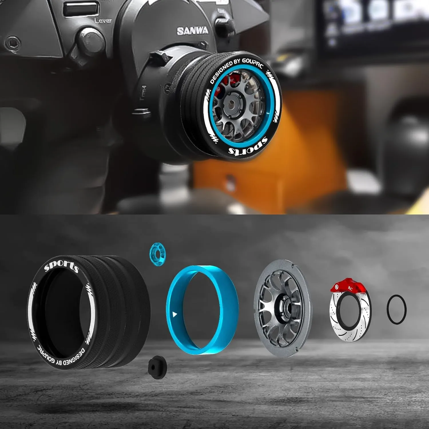 GOUPRC Upgrade Metal RC Hand Wheel Remote Control Steering Wheel with Brake Disc Brake Caliper for SANWA MT4/MT5/M12/M17 Flysky NB4Series WFLY X9Series RC Remote Control (Blue)