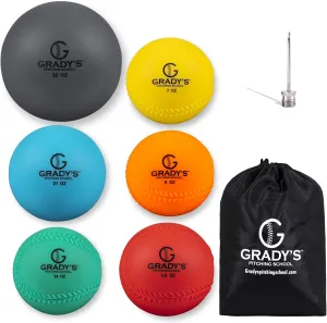 Grady's Pitching School Weighted Velocity Training Ball Set – Seam & Seamless Options for Pitching & Arm Strength   Set of 6 Balls   Carrying Case