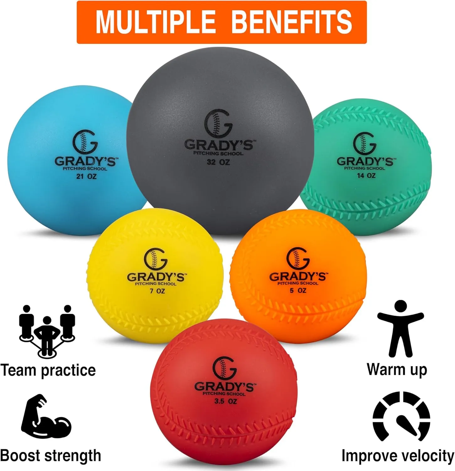 Grady's Pitching School Weighted Velocity Training Ball Set – Seam & Seamless Options for Pitching & Arm Strength   Set of 6 Balls   Carrying Case