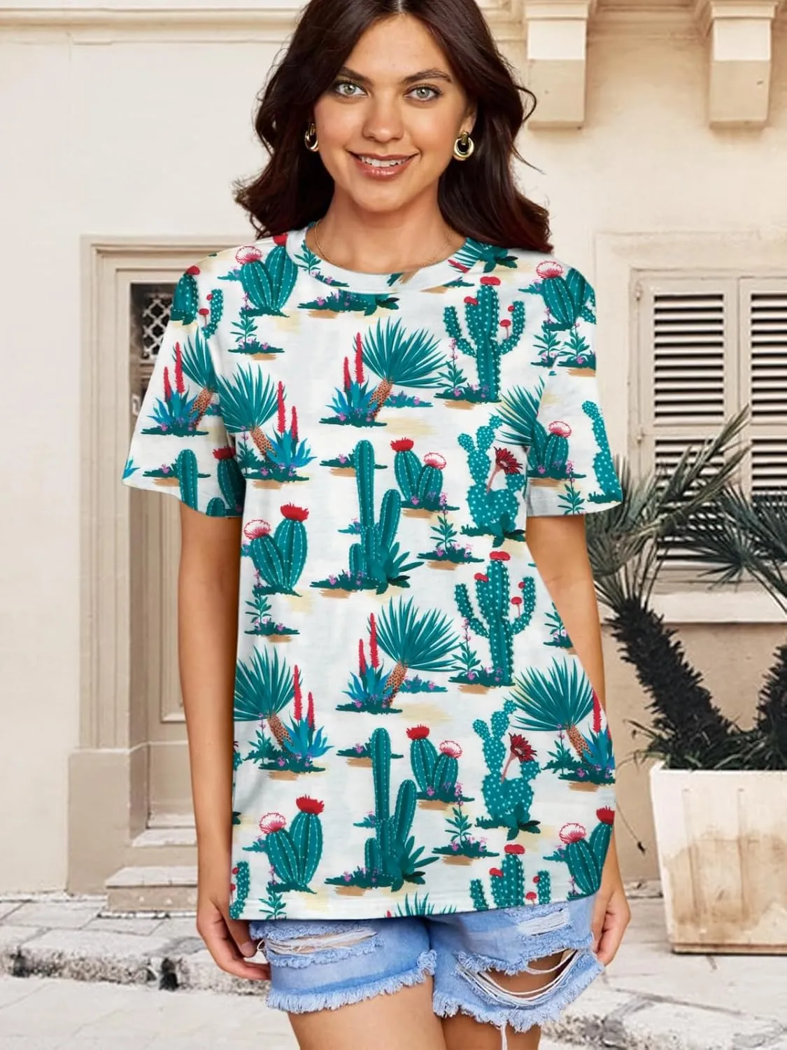 Graphic Shirts for Women Cactus Desert Graphic Tees Short Sleeve Tops