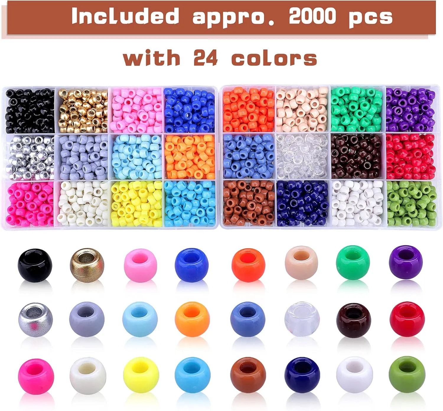 Greentime Pony Beads Bracelets Making Kit, 9mm Pony Beads Rainbow Opaque Beads Small Loose Spacer Beads for Friendship Bracelet Necklace Making Crafts for Independence Day Gift (24colors)
