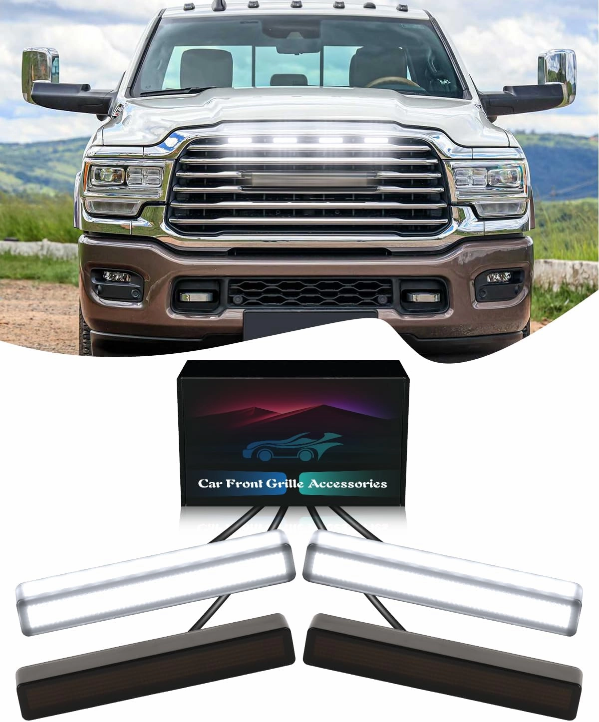 Grill LED Light for 2025-2019 Dodge Ram 1500 2500 3500 Accessories, Raptor Grille Front Bumper Warning Lights, 4Pcs (White)