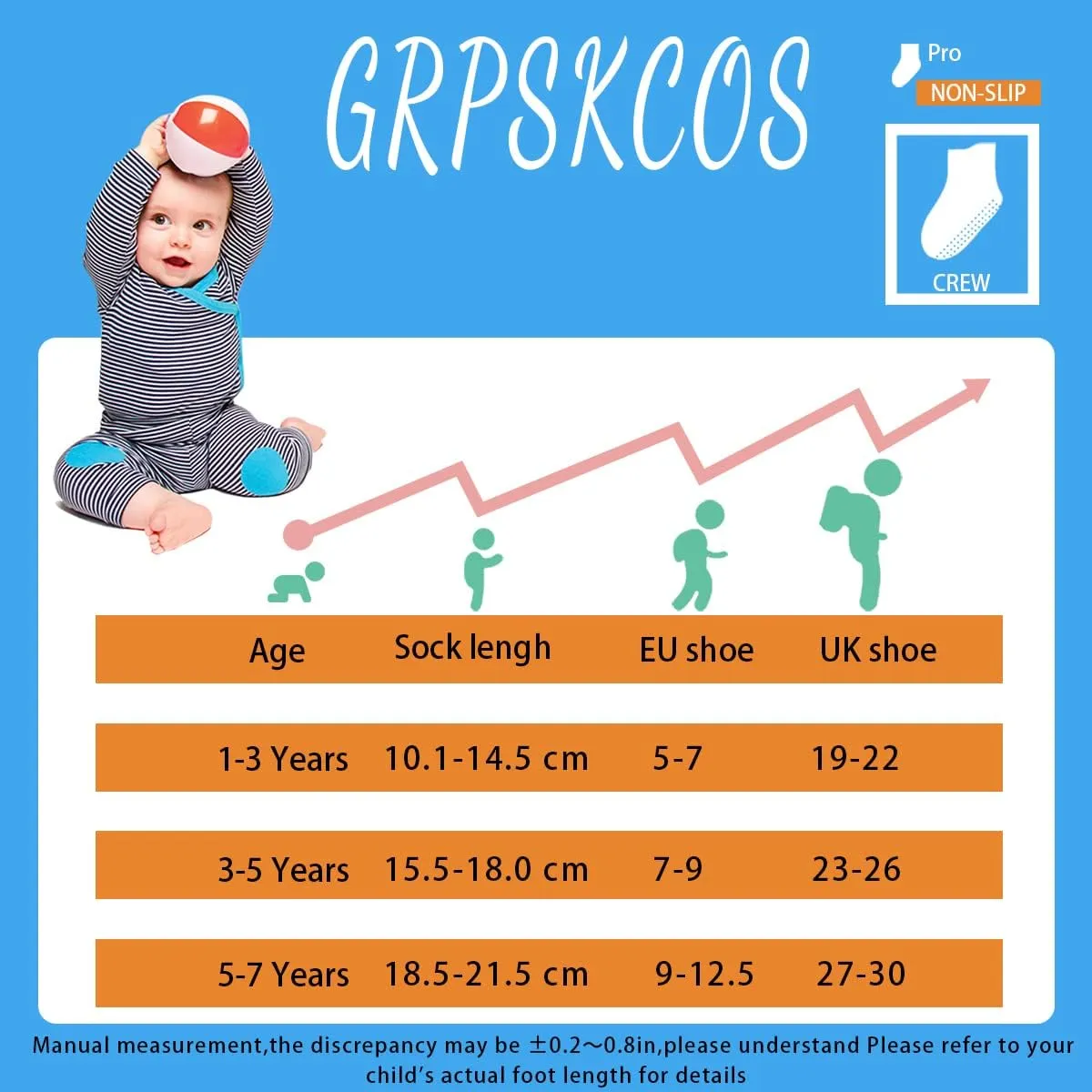 GRPSKCOS Toddler Non Slip Socks- 12 Pairs Anti Skid Kids Socks Cute Crew Grips Socks for 1-7 Years Boys Girls Children