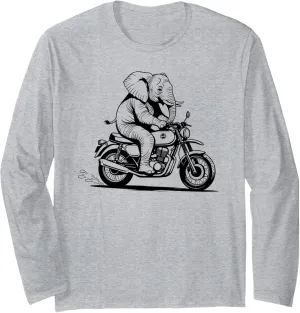 Grumpy Elephant Motorbike Rider Drawing Long Sleeve T-Shirt