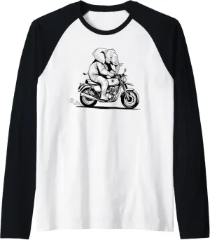Grumpy Elephant Motorbike Rider Drawing Raglan Baseball Tee
