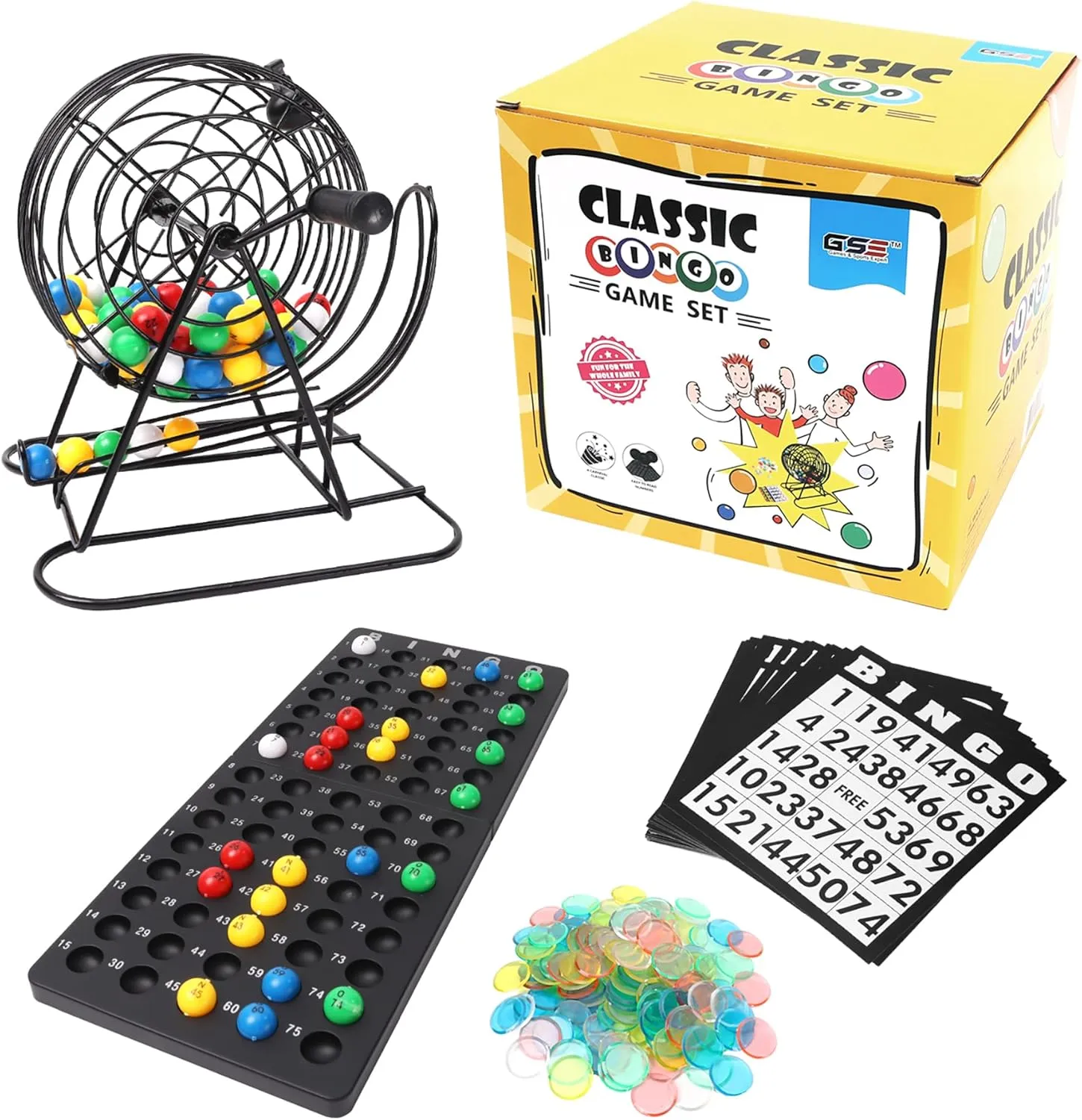 GSE Games & Sports Expert Deluxe Bingo Game Set with Steel Cage, Master Board, 75 Balls, 150 Chips, 18 Bingo Cards for Friend Parties, Game Night