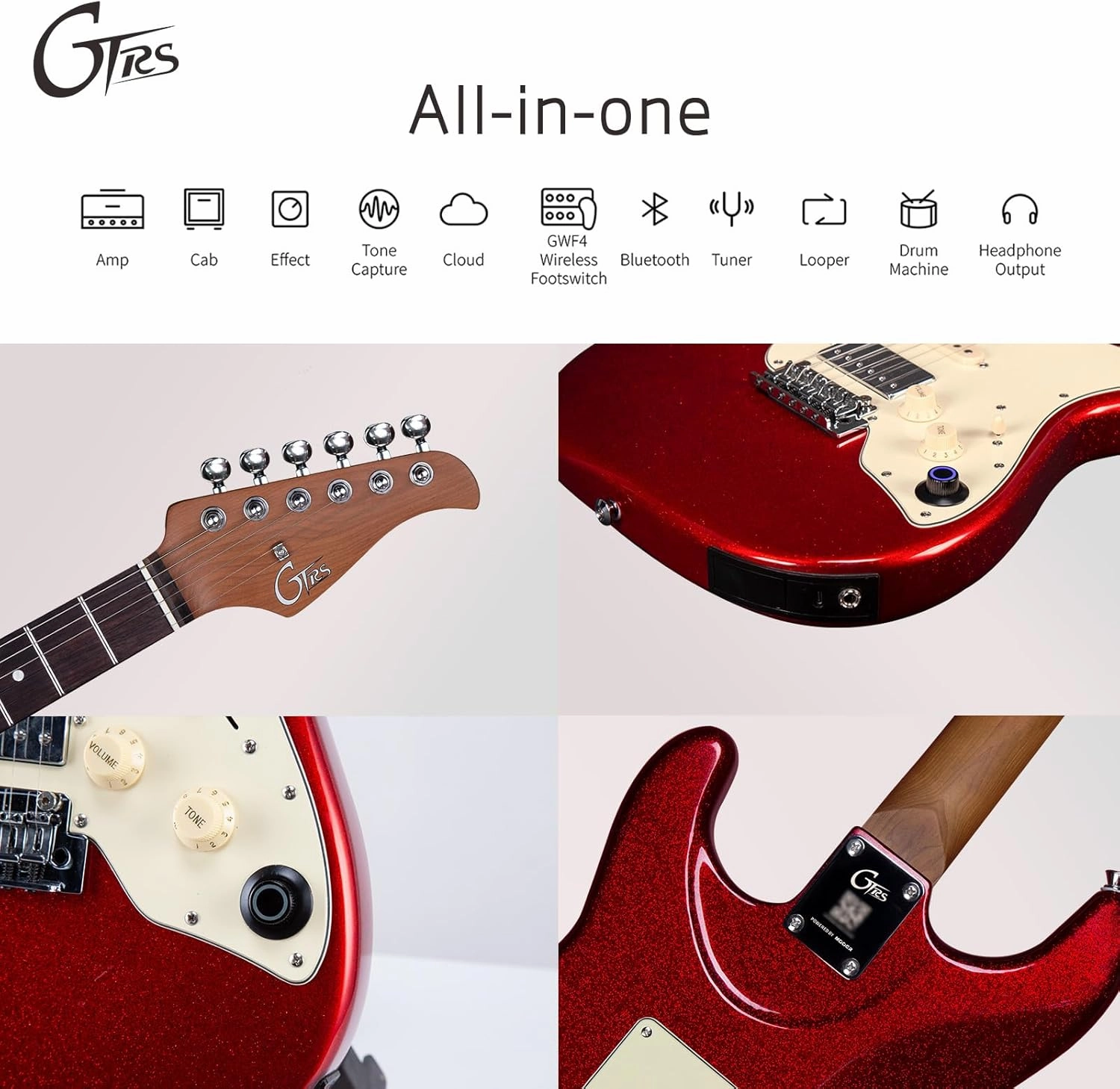 GTRS S800 Smart Electric Guitar Kit with Effects System, HHS Pickup, Loop Drum Machine, 12 Hours Battery Life, Rosewood Fretboard Glossy Paint for Beginner, Professional Player, Performance