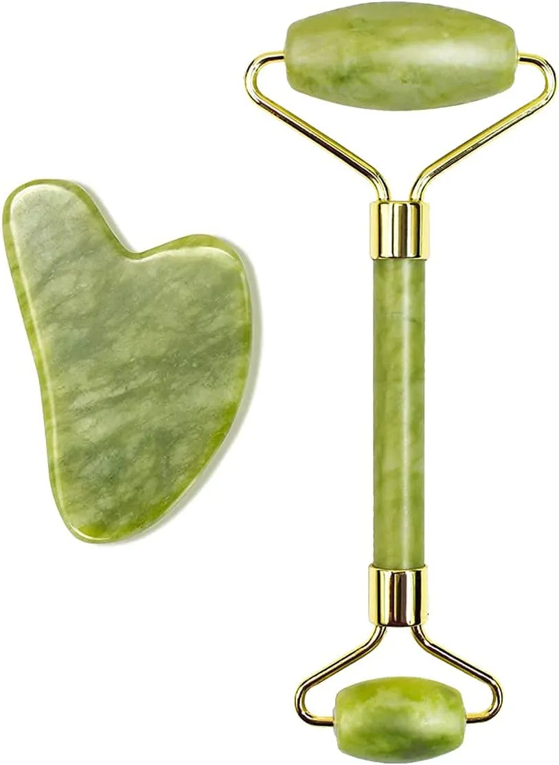 Gua Sha Facial Tools with Jade Roller Gua Sha Board Natural Quartz Massage Stone Set Acupressure Scraper Therapy for Face, Body, Muscle Relaxing and Relieve Fine Lines and Wrinkles Green