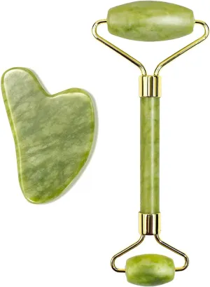 Gua Sha Facial Tools with Jade Roller Gua Sha Board Natural Quartz Massage Stone Set Acupressure Scraper Therapy for Face, Body, Muscle Relaxing and Relieve Fine Lines and Wrinkles Green