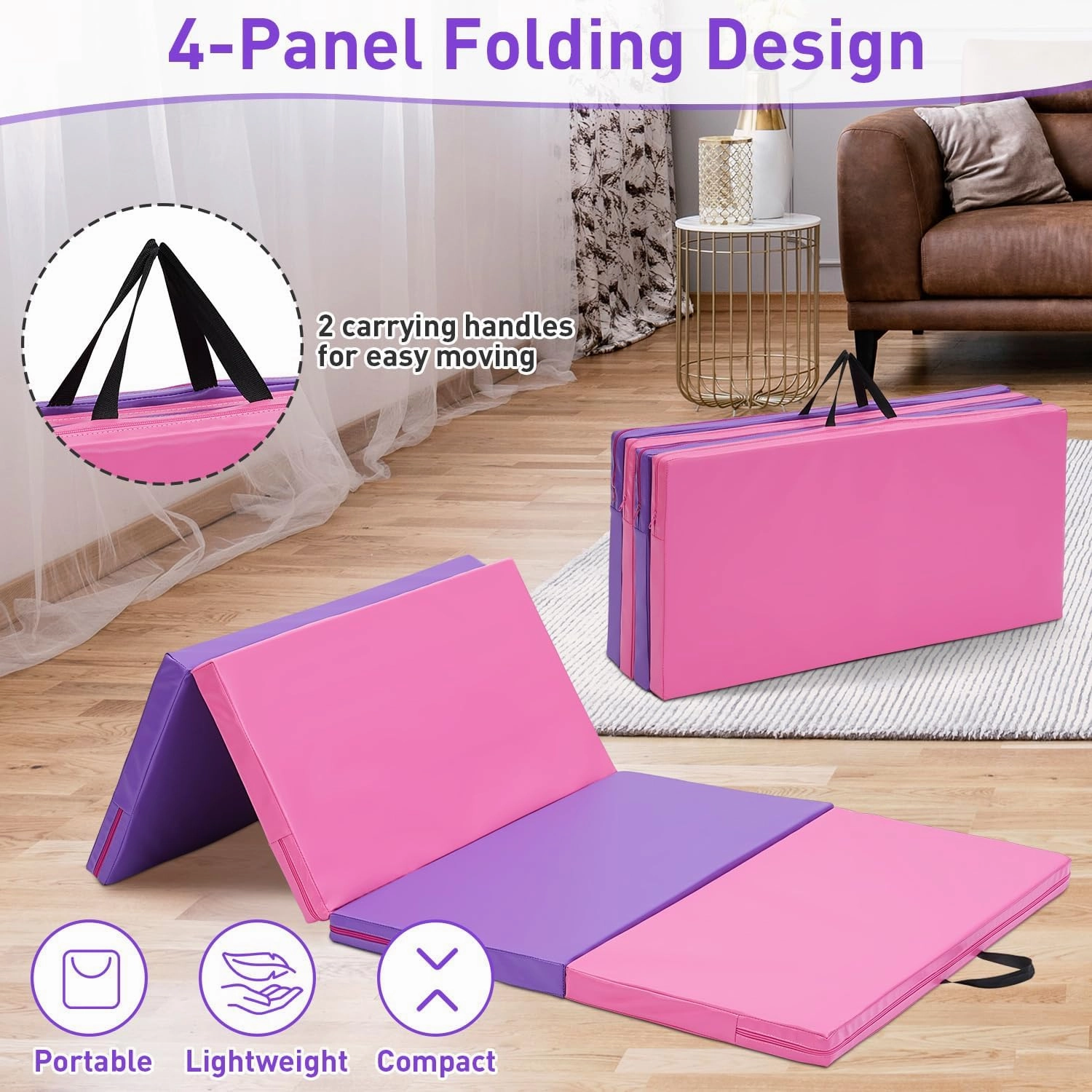 Gymnastics Mat, 3'x6'/4'x8' Thick Folding Kids' Gymnastic Tumbling Mat with Carrying Handles for Home Gym Exercise & Play
