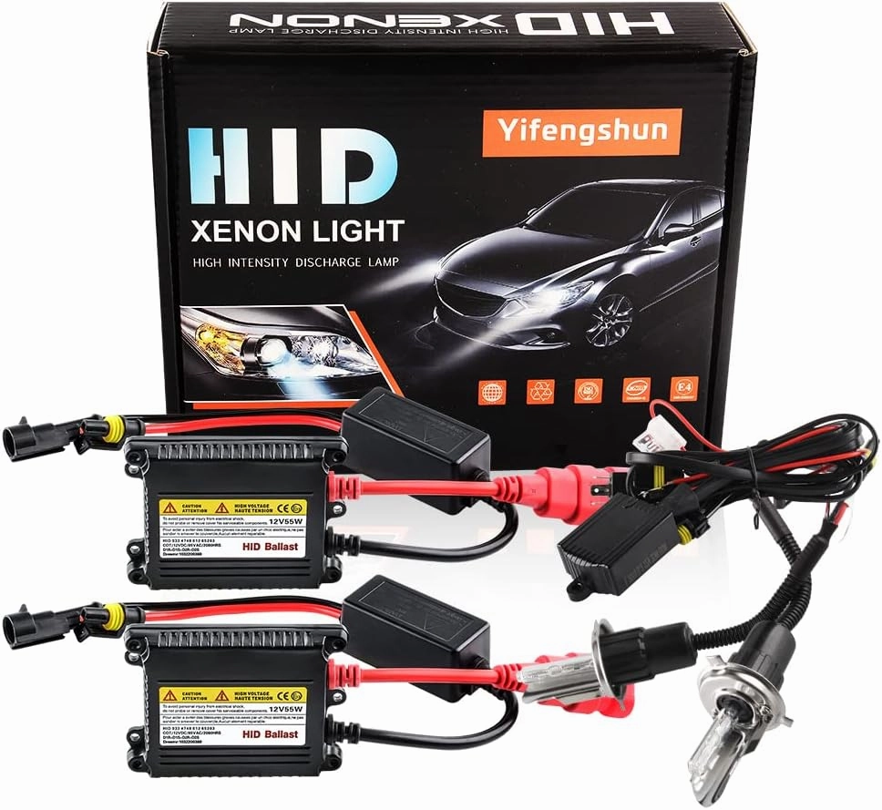 H4 HID Headlight Bulbs 6000K Xenon White with 55W DC Slim HID Ballast by Yifengshun Super Bright Xenon HID Light Bulb for Auto High / Low Beam (2 Xenon Bulbs   2 Ballasts)