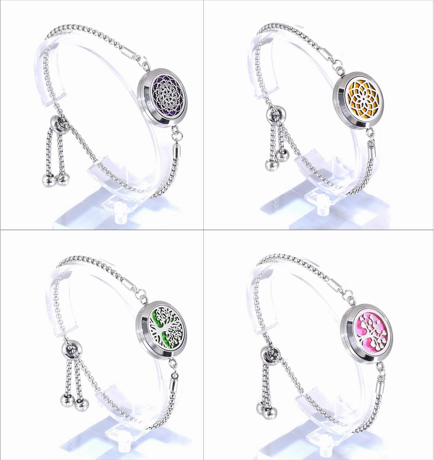H&PY 2PCS/Lot Stainless Steel Aromatherapy Essential Oil Diffuser Bracelet, Tree of Life Pattern Locket Adjustable Link for Women Gift