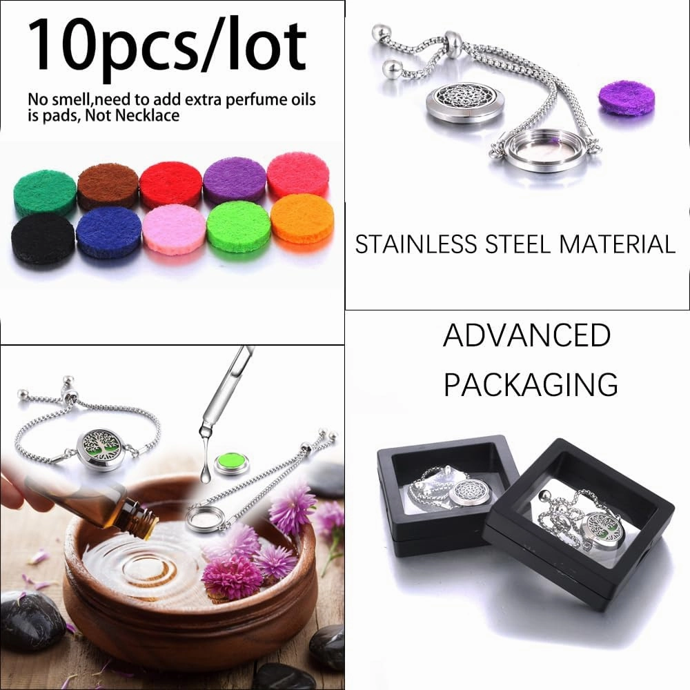 H&PY 2PCS/Lot Stainless Steel Aromatherapy Essential Oil Diffuser Bracelet, Tree of Life Pattern Locket Adjustable Link for Women Gift