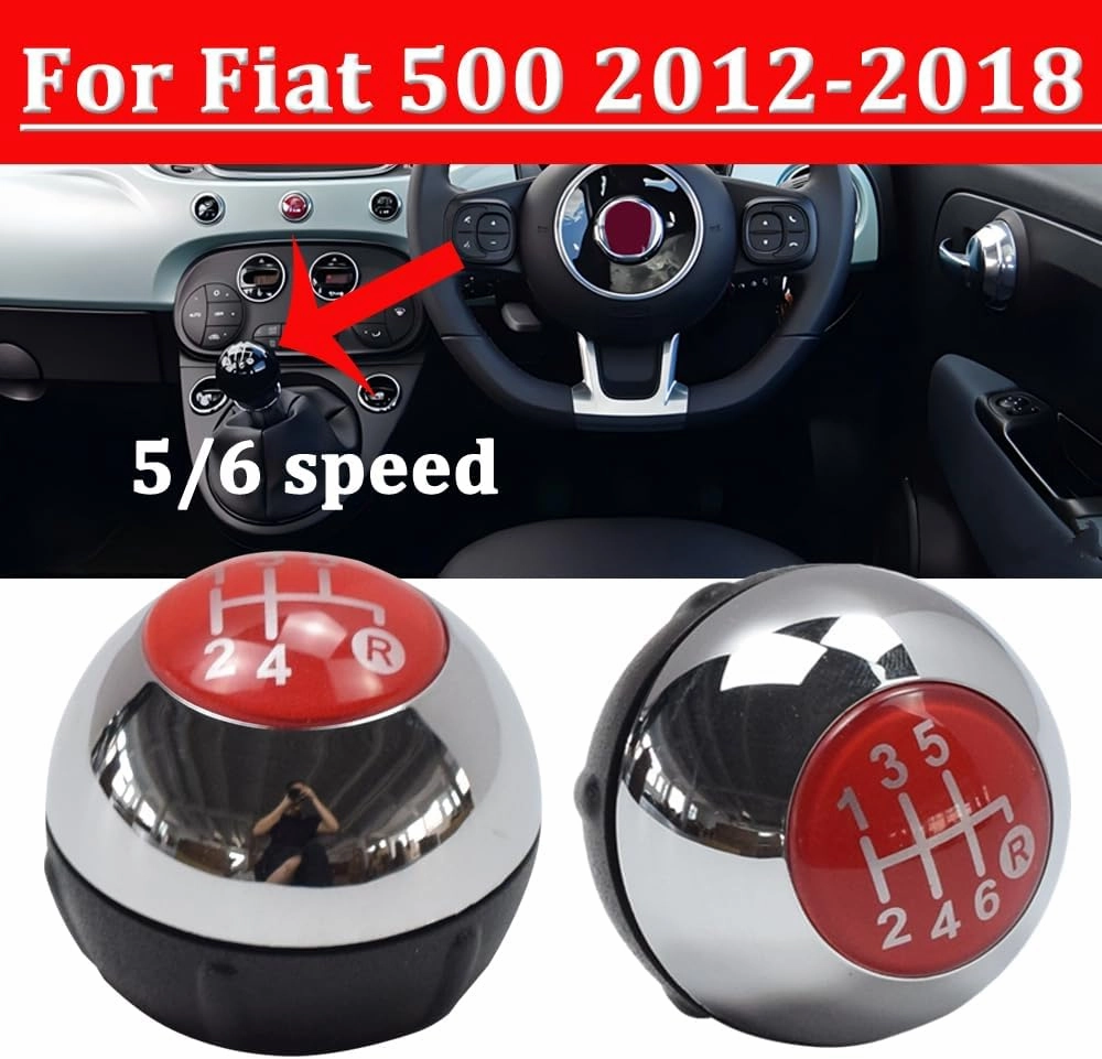 Hacreyatu 5 Speed Gear Shift Knob Sitck Head Leather Gloss Black Cap Replacement，Compatible with Fiat 500 500C 2007-2018 (5 Speed Bright Silver)