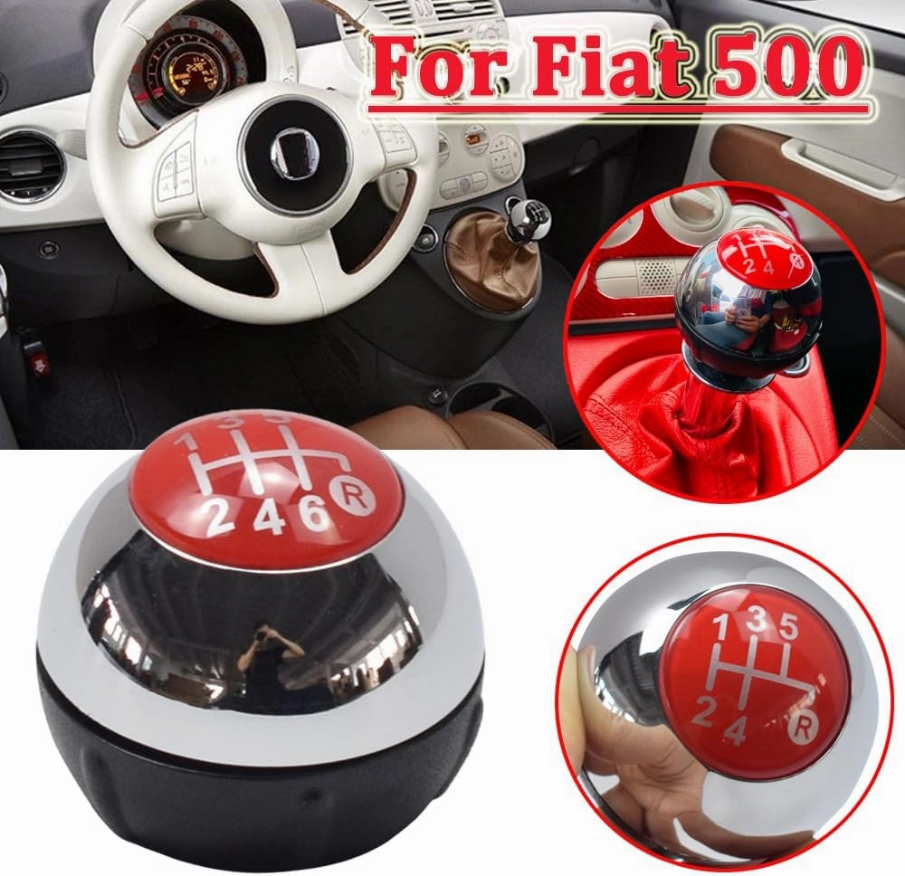 Hacreyatu 5 Speed Gear Shift Knob Sitck Head Leather Gloss Black Cap Replacement，Compatible with Fiat 500 500C 2007-2018 (5 Speed Bright Silver)