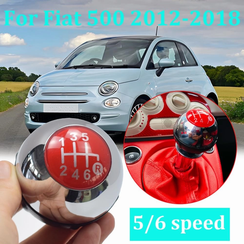 Hacreyatu 5 Speed Gear Shift Knob Sitck Head Leather Gloss Black Cap Replacement，Compatible with Fiat 500 500C 2007-2018 (5 Speed Bright Silver)