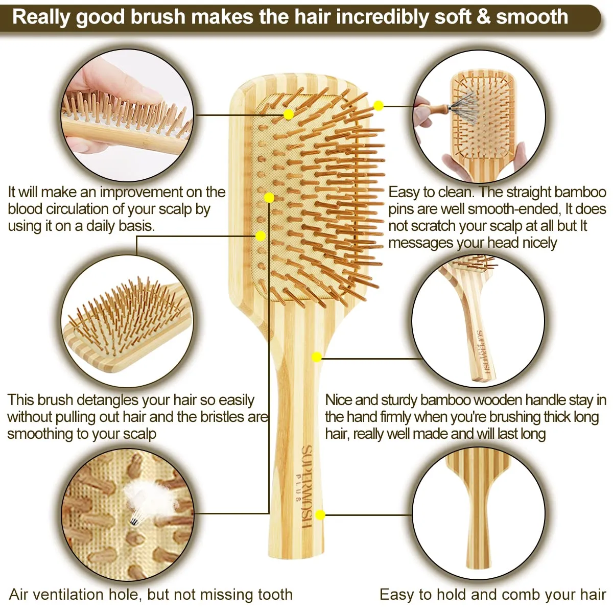 Hair Brush Set for Women & Men, Natural Bamboo Bristles Wet Dry Flat Paddle Detangling Bamboo Brushes Fit All Types Hair, Brush Cleaner Tool included - 3 Pack