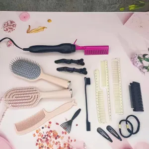 Hair Straightener with 14 Pieces Hair Styling Brushes Set, Electric Hot Comb Hair Straightener Brush with Ceramic Heater Surface, Fast Heating, Dual Voltage, Adjustable Temperature