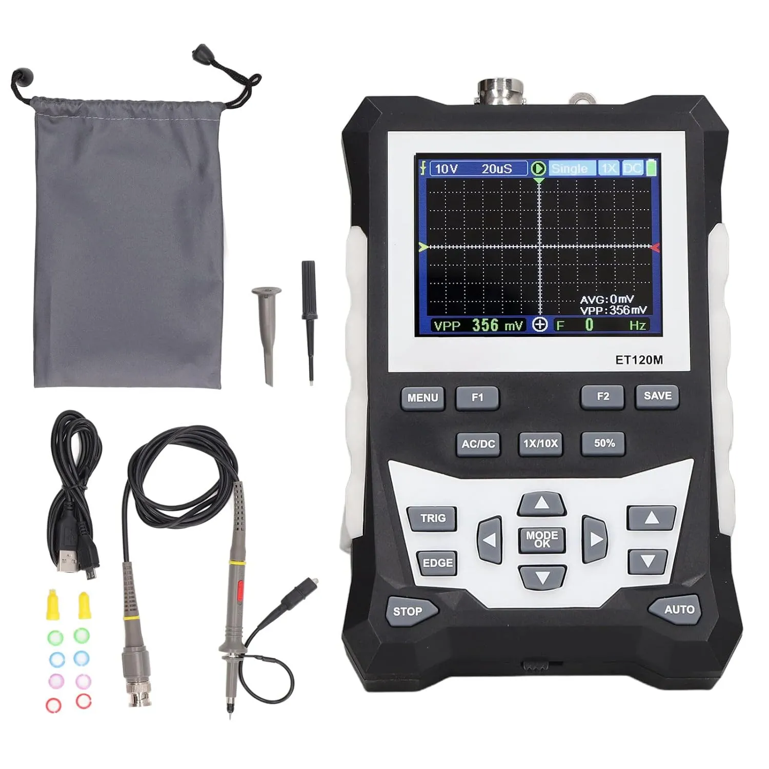 Handheld Oscilloscope, 120MHz 500Msps Portable Digital Oscilloscope, Multifunction Tester with Slip Proof Silicone Protective Cover for Industry