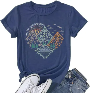 Happy Camp T-Shirt Women Hiking Mountain Adventure Novelty Workout Funny Saying Cute Graphic Athletic Shirt