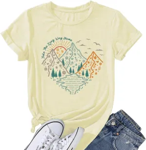 Happy Camp T-Shirt Women Hiking Mountain Adventure Novelty Workout Funny Saying Cute Graphic Athletic Shirt