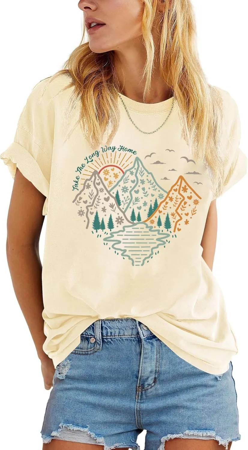 Happy Camp T-Shirt Women Hiking Mountain Adventure Novelty Workout Funny Saying Cute Graphic Athletic Shirt