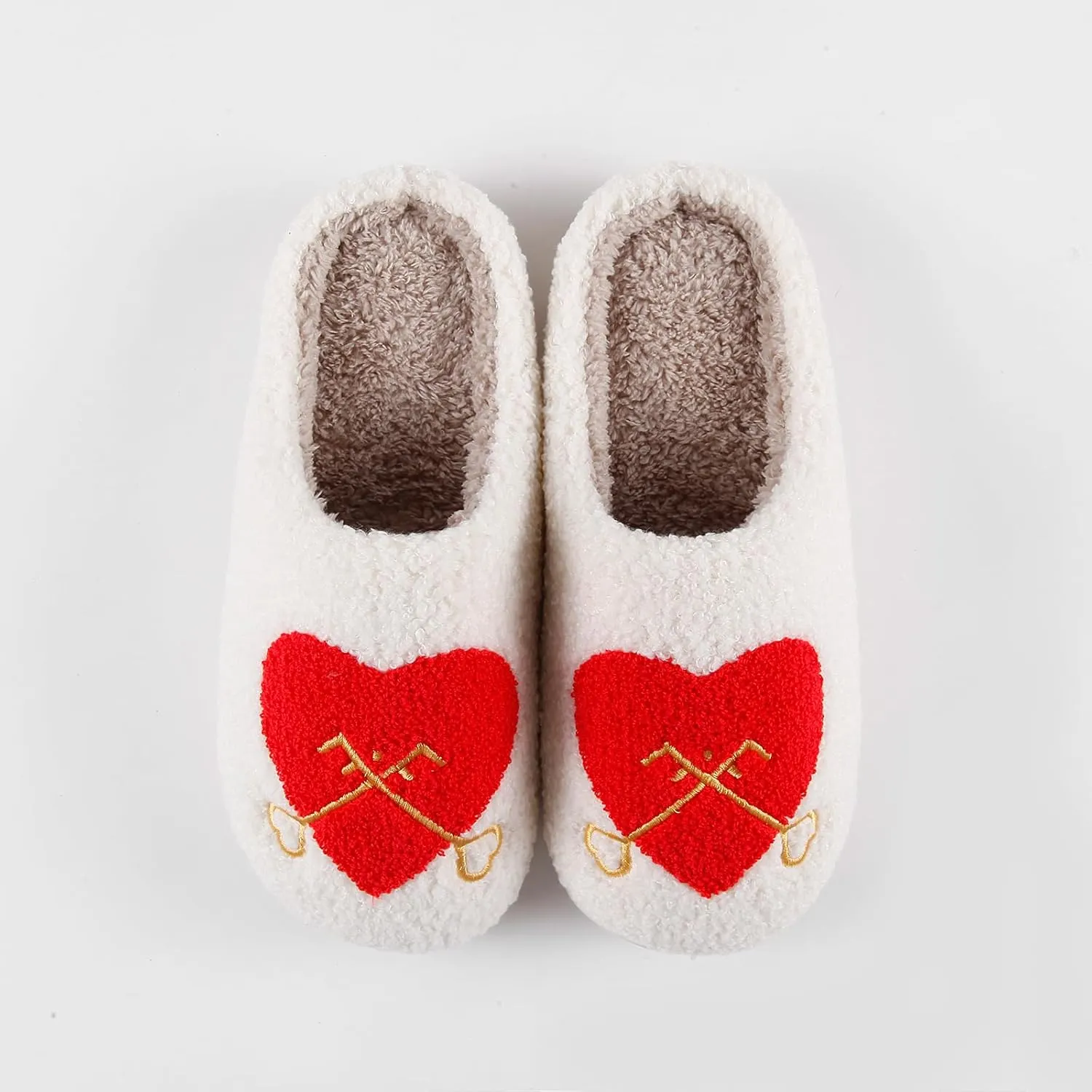 Happy Smile Face Slippers with Evil Eyes, Strawberry Heart, Cute Cartoon Design - Soft Plush Cozy House Slippers for Women - Indoor/Outdoor