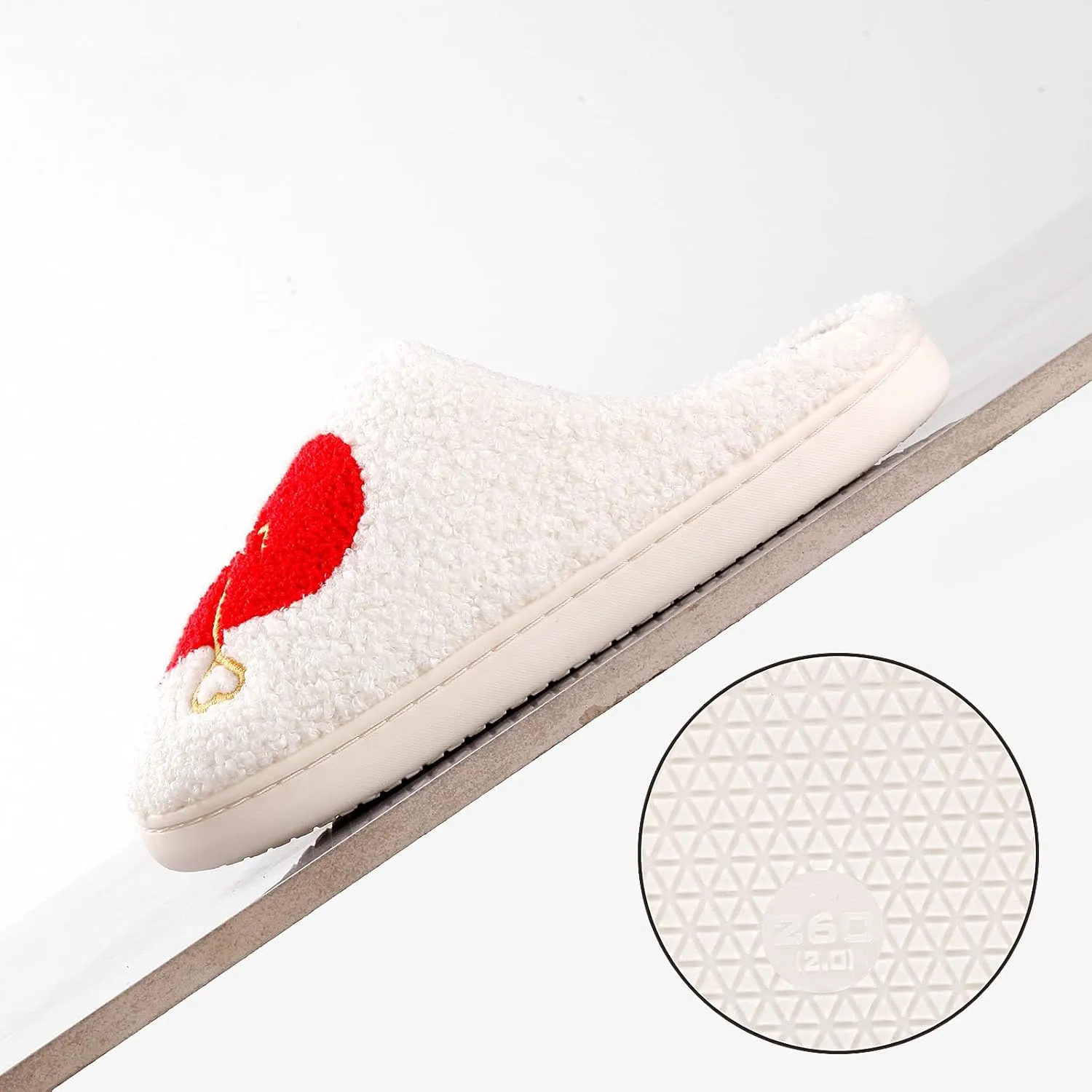 Happy Smile Face Slippers with Evil Eyes, Strawberry Heart, Cute Cartoon Design - Soft Plush Cozy House Slippers for Women - Indoor/Outdoor
