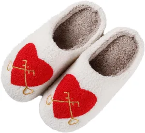 Happy Smile Face Slippers with Evil Eyes, Strawberry Heart, Cute Cartoon Design - Soft Plush Cozy House Slippers for Women - Indoor/Outdoor