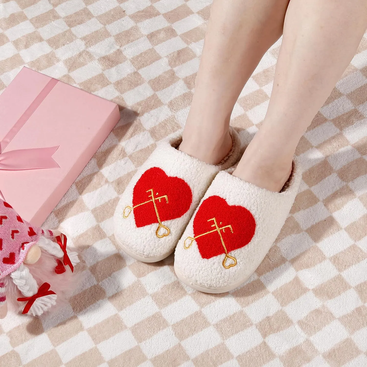 Happy Smile Face Slippers with Evil Eyes, Strawberry Heart, Cute Cartoon Design - Soft Plush Cozy House Slippers for Women - Indoor/Outdoor