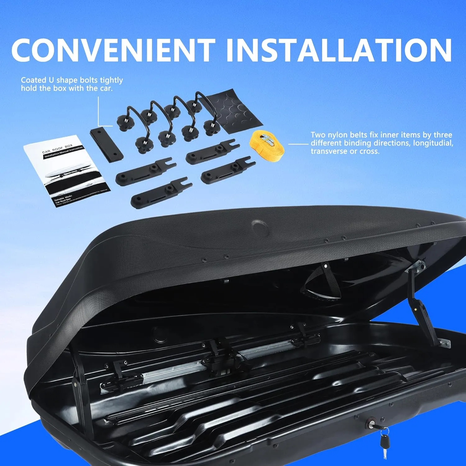 Hard Shell Roof Cargo Carrier – 13 Cubic Feet, 130 lbs Capacity, Tool-Free Install, Universal Fit for Crossbars, Double-Side Opening, Weatherproof ABS PC Roof Box, Diamond Black