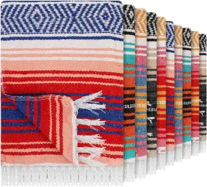 Haull 10 Pcs Mexican Blankets Bulk Yoga Authentic Throw Mexican Serape Blanket Large Colorful Striped Falsa with Fringed for Outdoor Camping Beach Picnic Home Decor