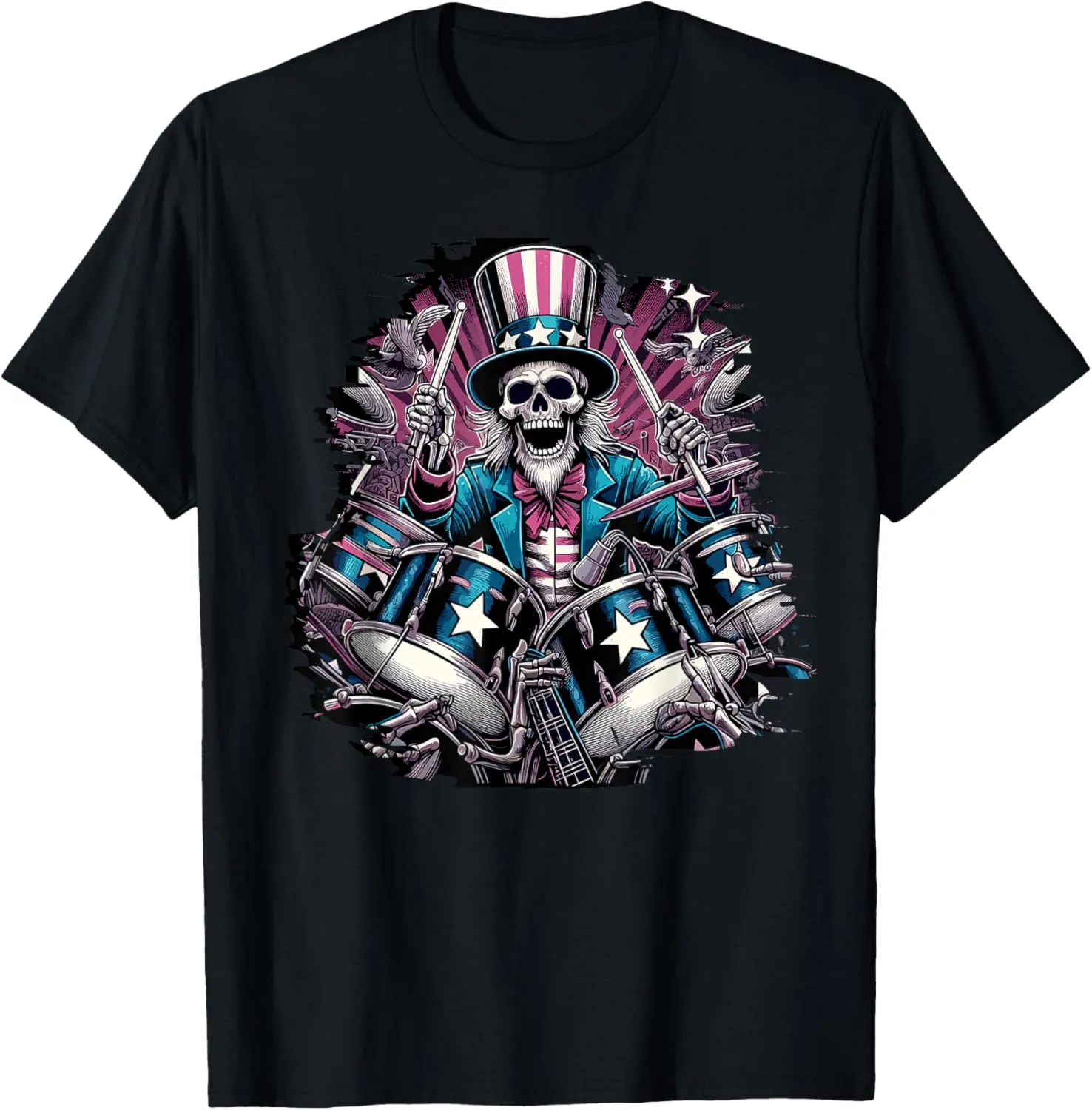 Heavy Metal Uncle Sam Skeleton Playing Drums 4th of July T-Shirt