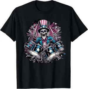Heavy Metal Uncle Sam Skeleton Playing Drums 4th of July T-Shirt
