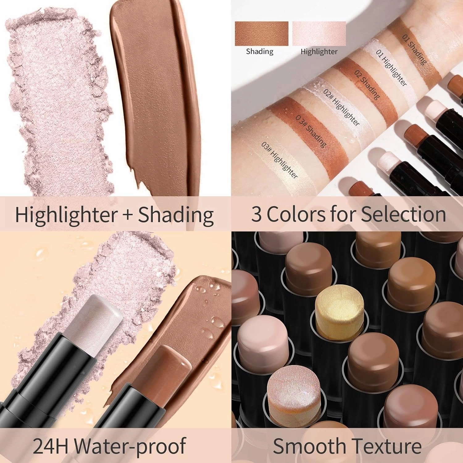 Hellkiss 3-color Dual Head Highlighter Stick for Face and Body, 3D Natural Brightening, Facial Contouring, Highlight, and Shadow Modification (01)