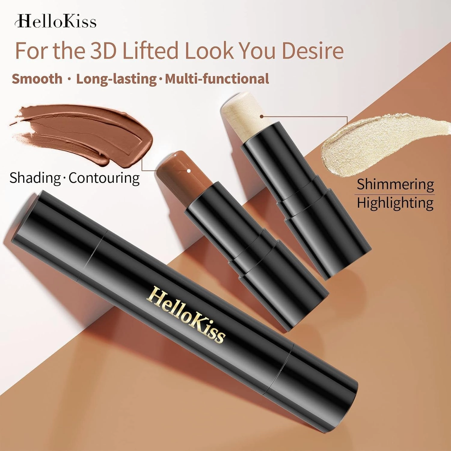 Hellkiss 3-color Dual Head Highlighter Stick for Face and Body, 3D Natural Brightening, Facial Contouring, Highlight, and Shadow Modification (01)