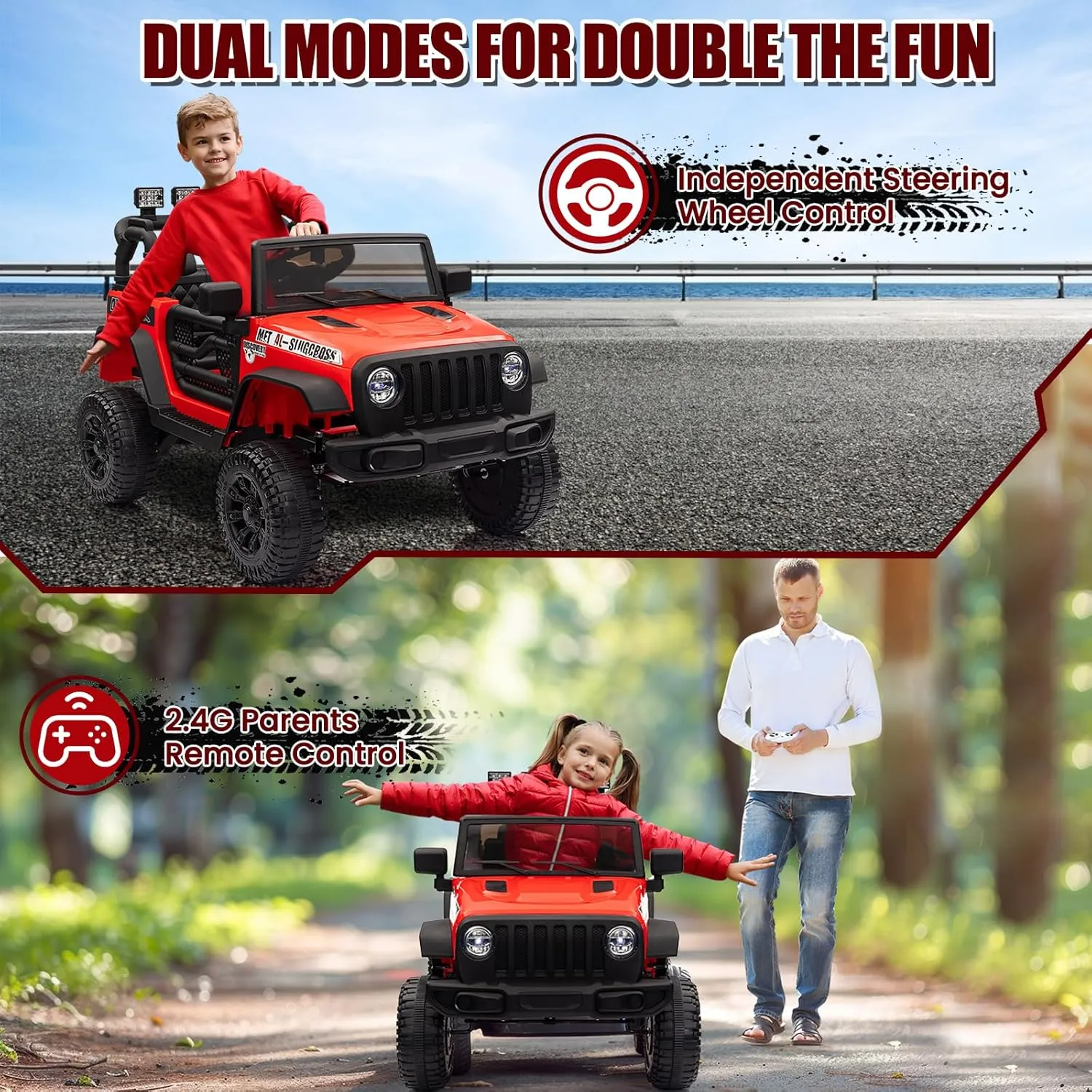 Hetoy Ride on Truck Car 12V Kids Electric Vehicles with Remote Control, 2 Speeds, Spring Suspension, LED Headlight, Bluetooth, Music, Battery Powered Car for Kids - Red
