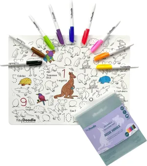 Hey Doodle Aussie Animals Classic Doodle Mat – Reusable Silicone Coloring Mat for Toddlers and Kids – Educational Wildlife Activity Pad with 9 Markers – Mess-Free Travel Toy – Ages 3-7