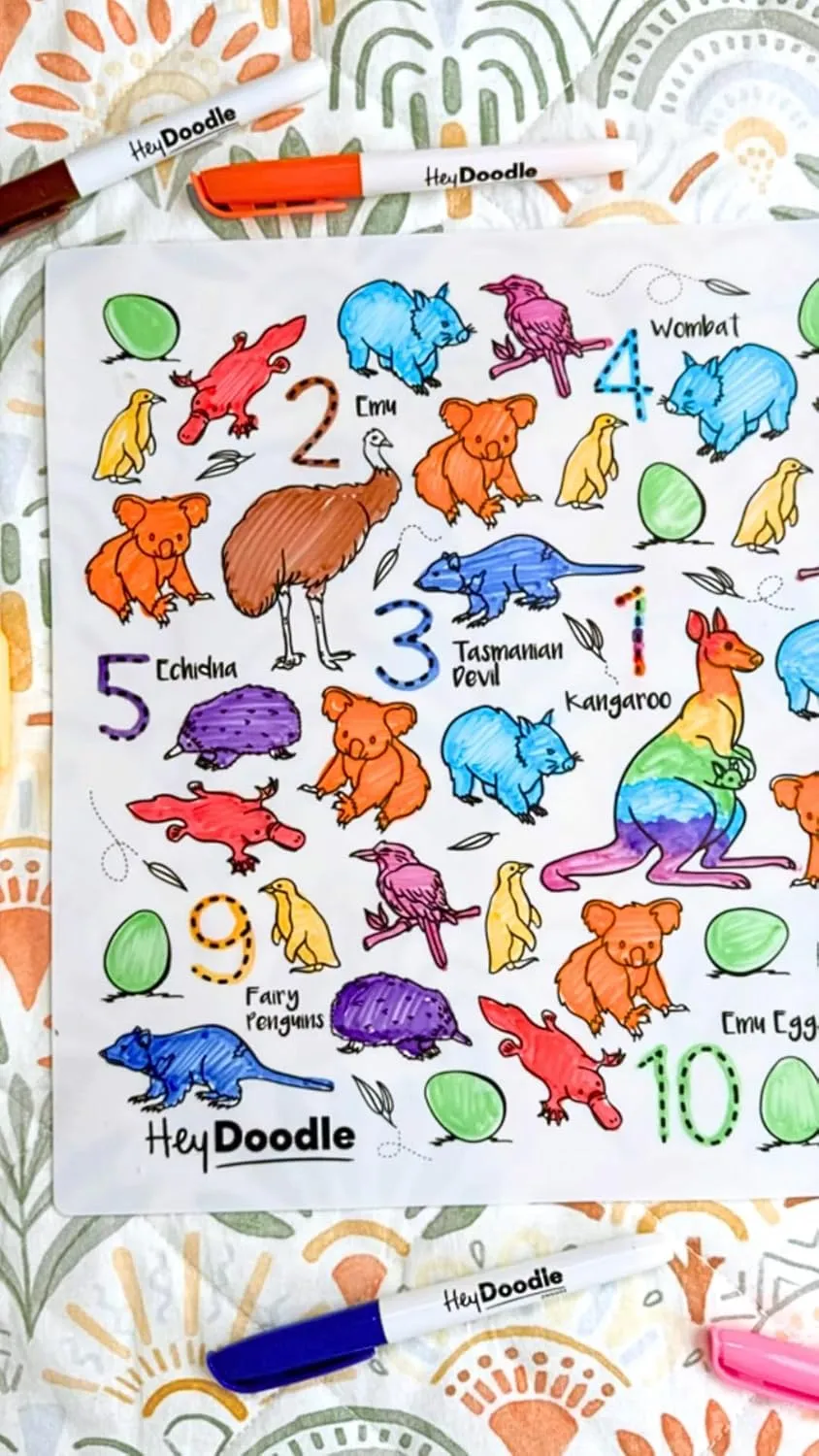 Hey Doodle Aussie Animals Classic Doodle Mat – Reusable Silicone Coloring Mat for Toddlers and Kids – Educational Wildlife Activity Pad with 9 Markers – Mess-Free Travel Toy – Ages 3-7